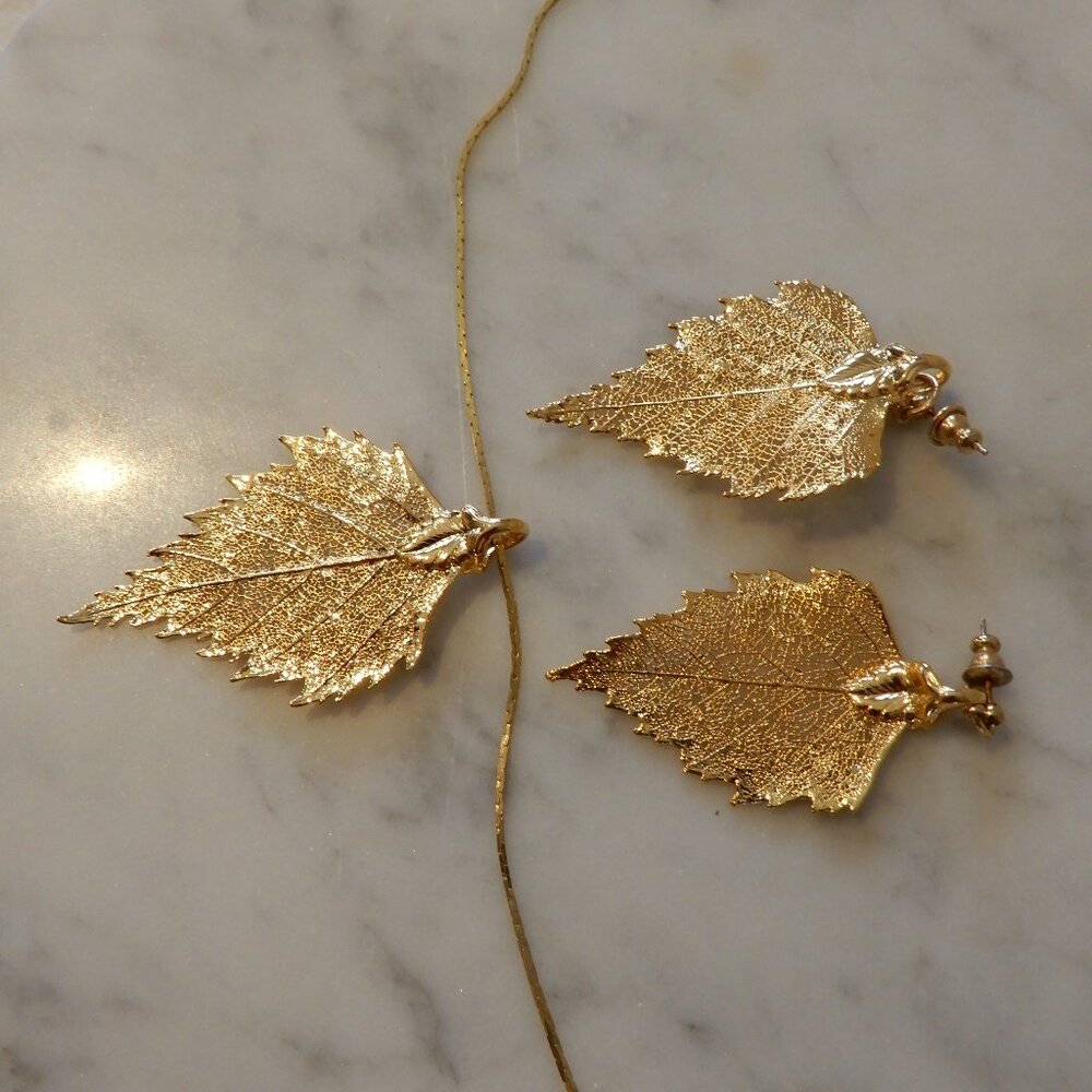 24 Karat Gold Electroformed Leaf Earrings and Necklace Set